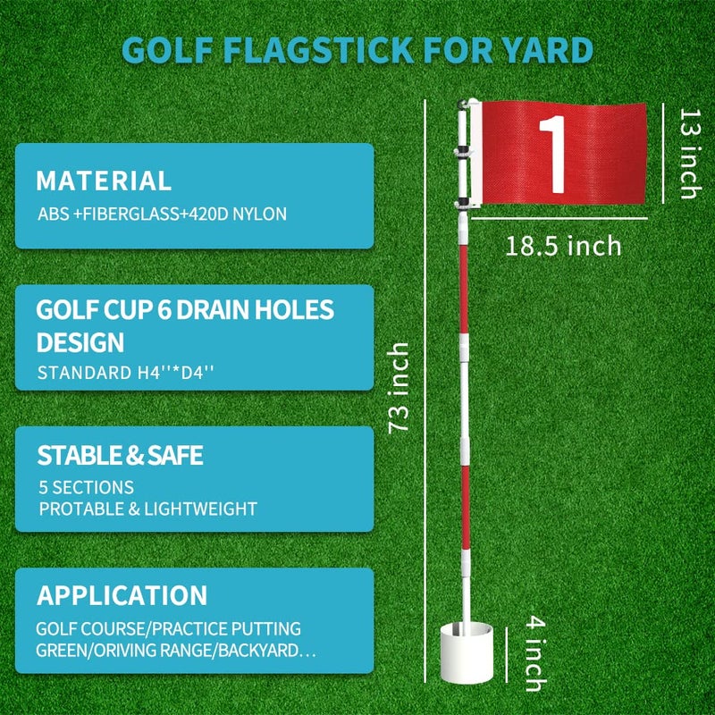 THIODOON Golf Flagstick 6ft Golf Flag and Cup for Yard Pro Detachable Golf Hole Cup and Flag for Driving Range Backyard Upgrade Anti-Rust Glass Fiber 5-Section Design with Connectors - Image 4